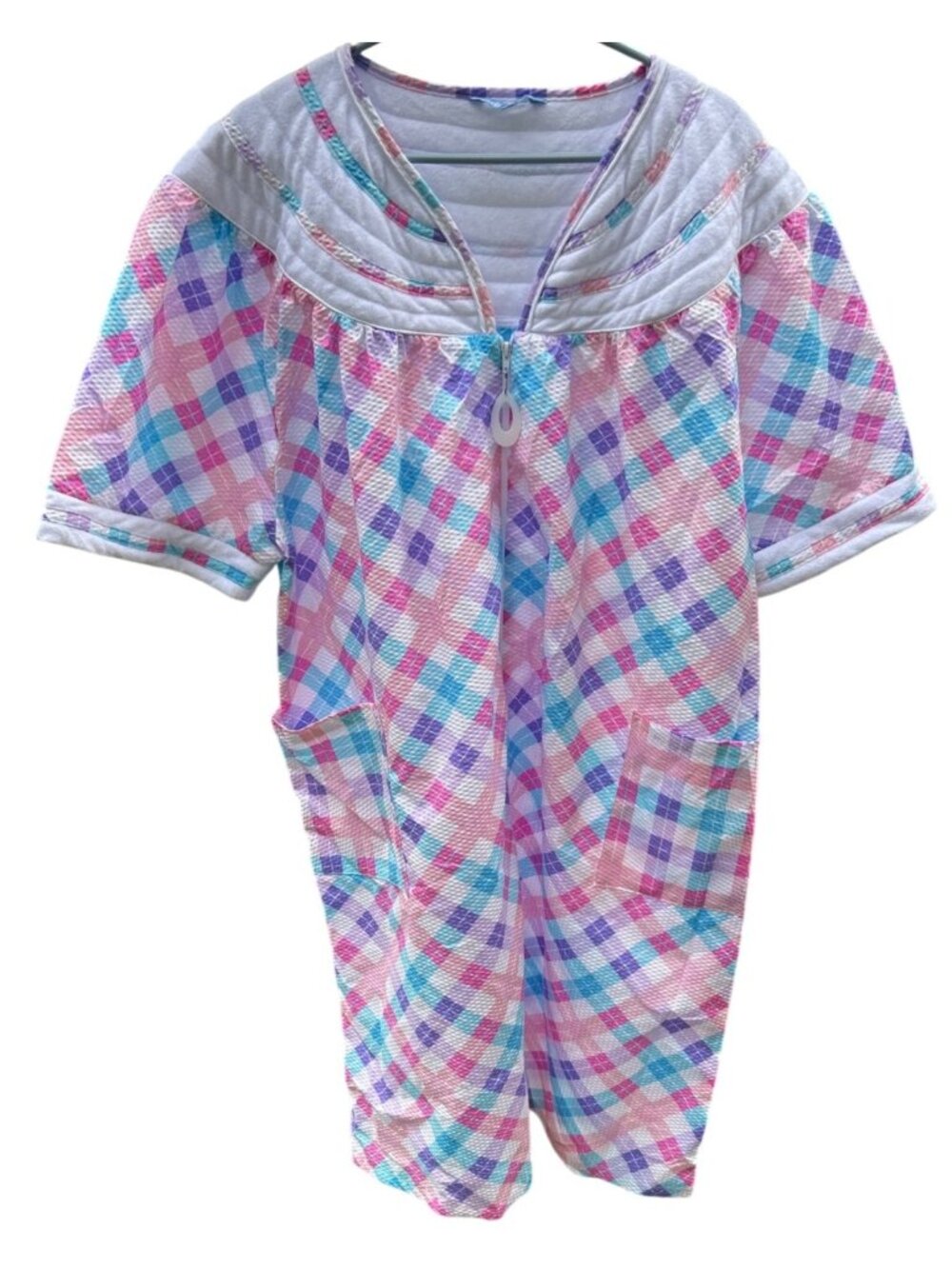 Dream Crest Womens 2X Plaid Seersucker Zip-Front Housecoat Short Sleeves  Pocket